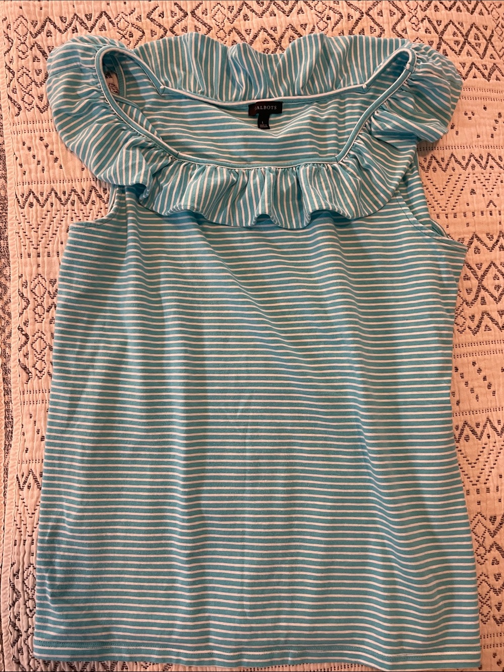 Talbots Aqua and White Striped Ruffle Neck Sleeveless Tank